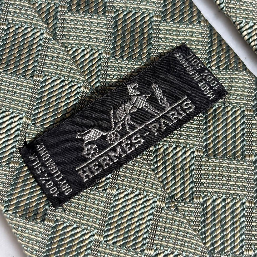 HERMES ネクタイ グリーン系 パターン柄 畳 ファソネ H柄