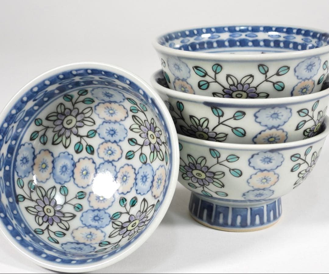 佐藤走波 六代 染錦　草花文　高杯小鉢 四客