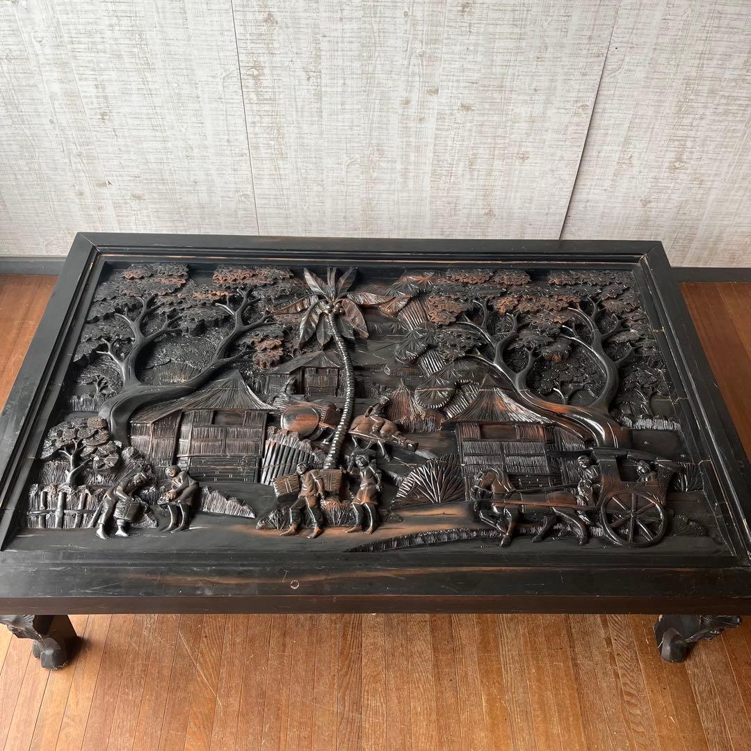【アンティーク】黒檀？ 無垢材 木彫り センターテーブル 座卓 農村 古家具