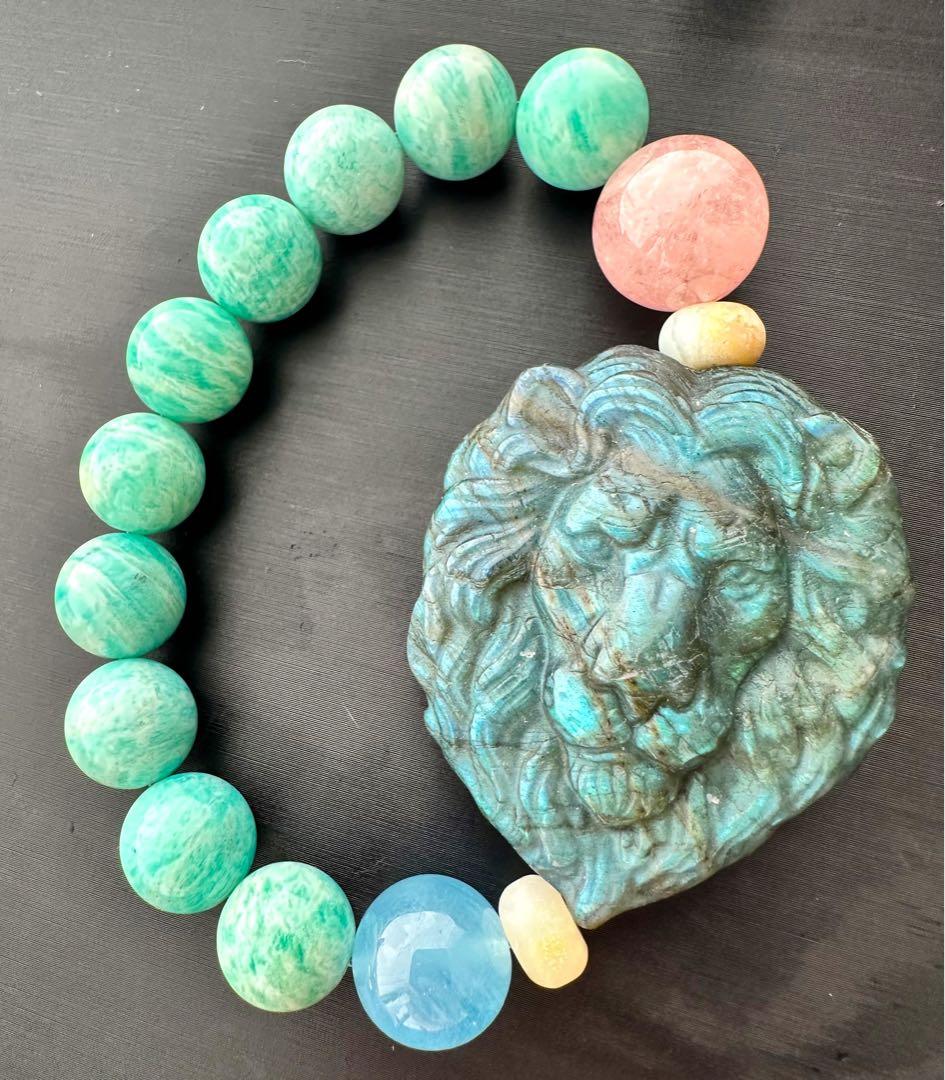 値下げ！ラブラドライトライオンアマゾナイト　モルガナイト　アクマリンブレスレット