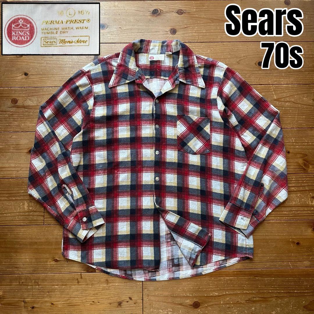 超希少 70s Sears オープンカラー プリントチェック ネルシャツ