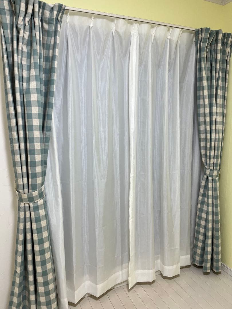 【幅200×丈202】オーダーカーテン 麻40% ギンガムチェック 裏地・レース