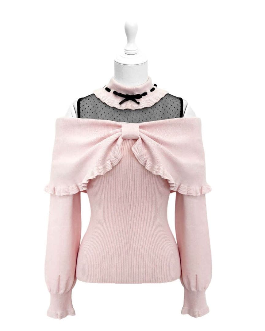 新品　HONEYMEW ドットチュール肩あきリボントップス ピンク　XSサイズ