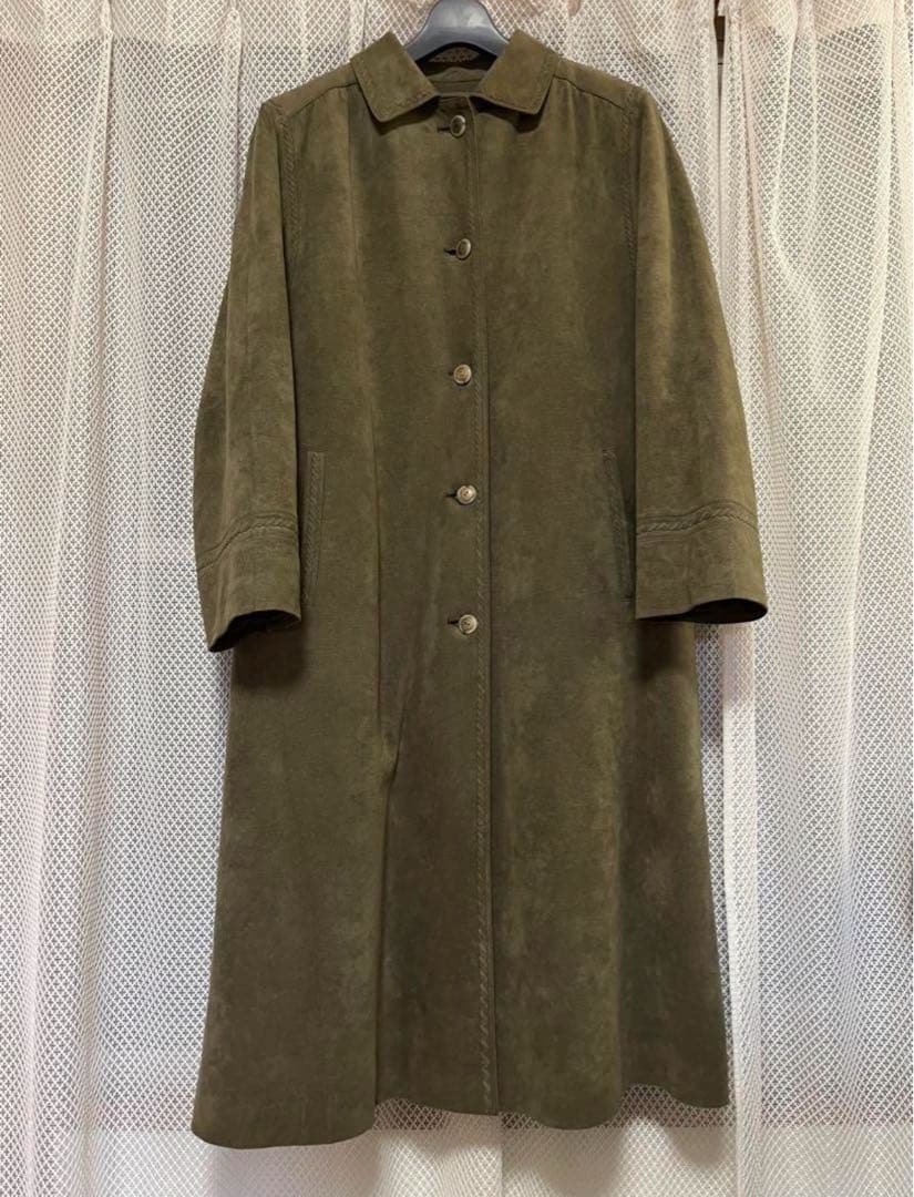 【ビンテージ品】ロングコート ステンカラーコート カーキ スエード