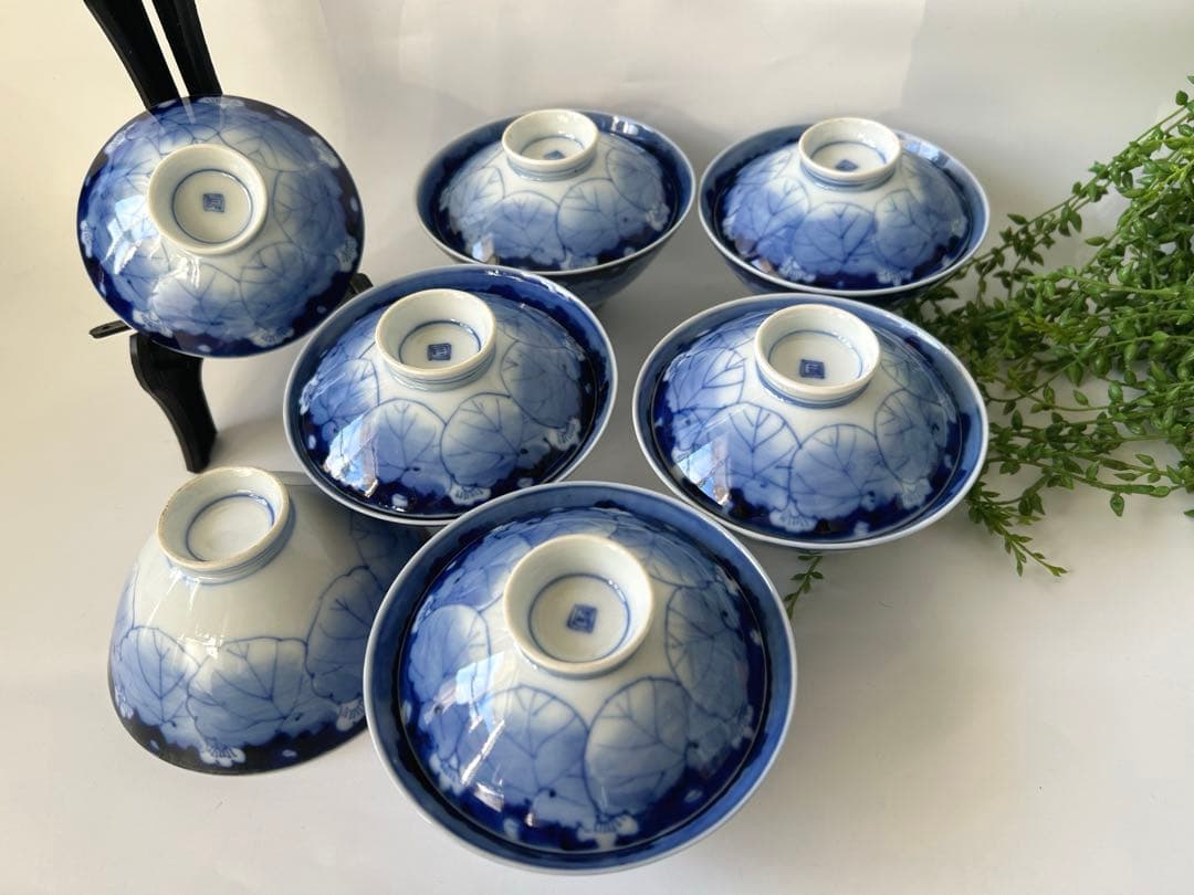 古伊万里 染付 青と白の葉模様 飯碗 6個セット