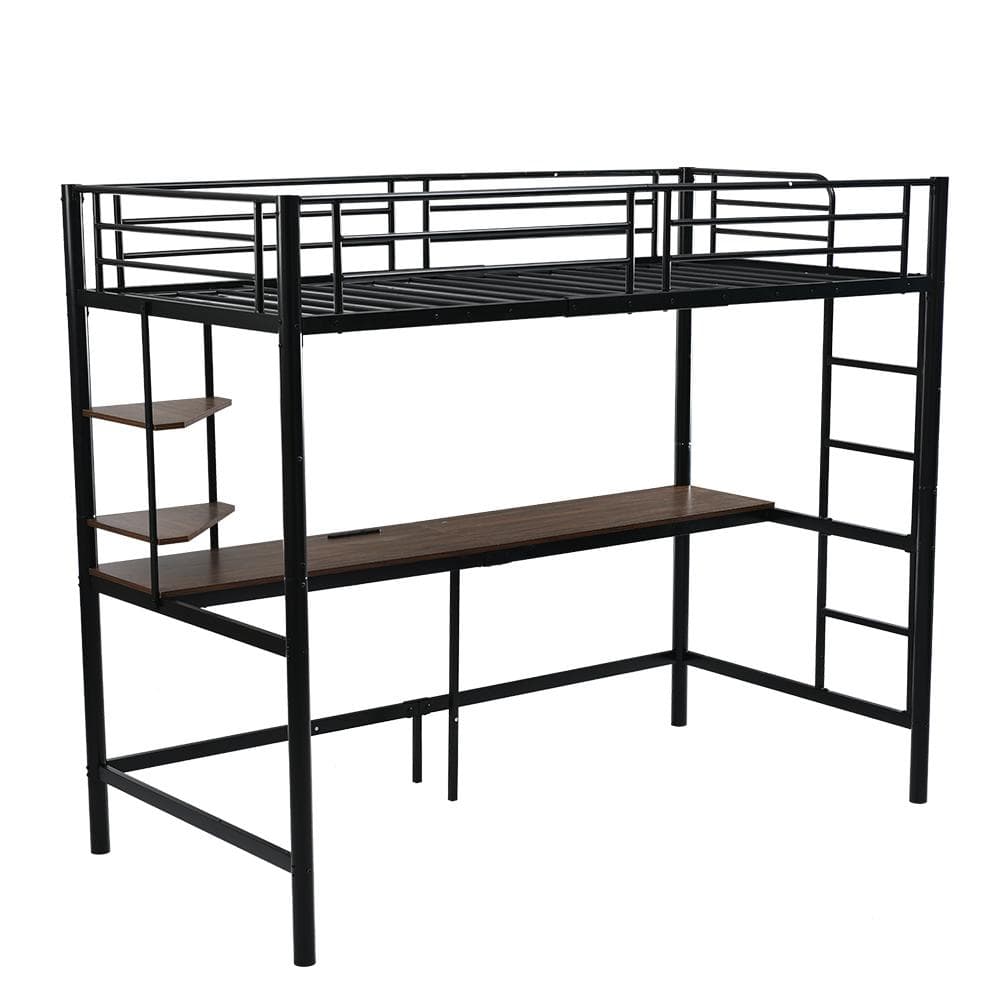 【ブラック】システムベット ロフトベッド シングル コンセント・デスク・ラック付