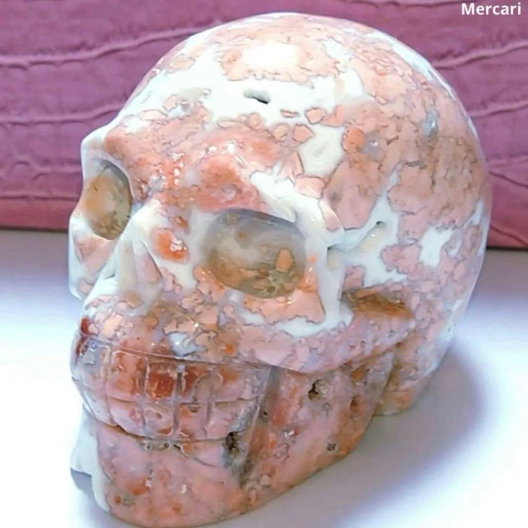 1点もの　天然石　ジオード桜瑪瑙　スカル　置き物　ピンクアゲート