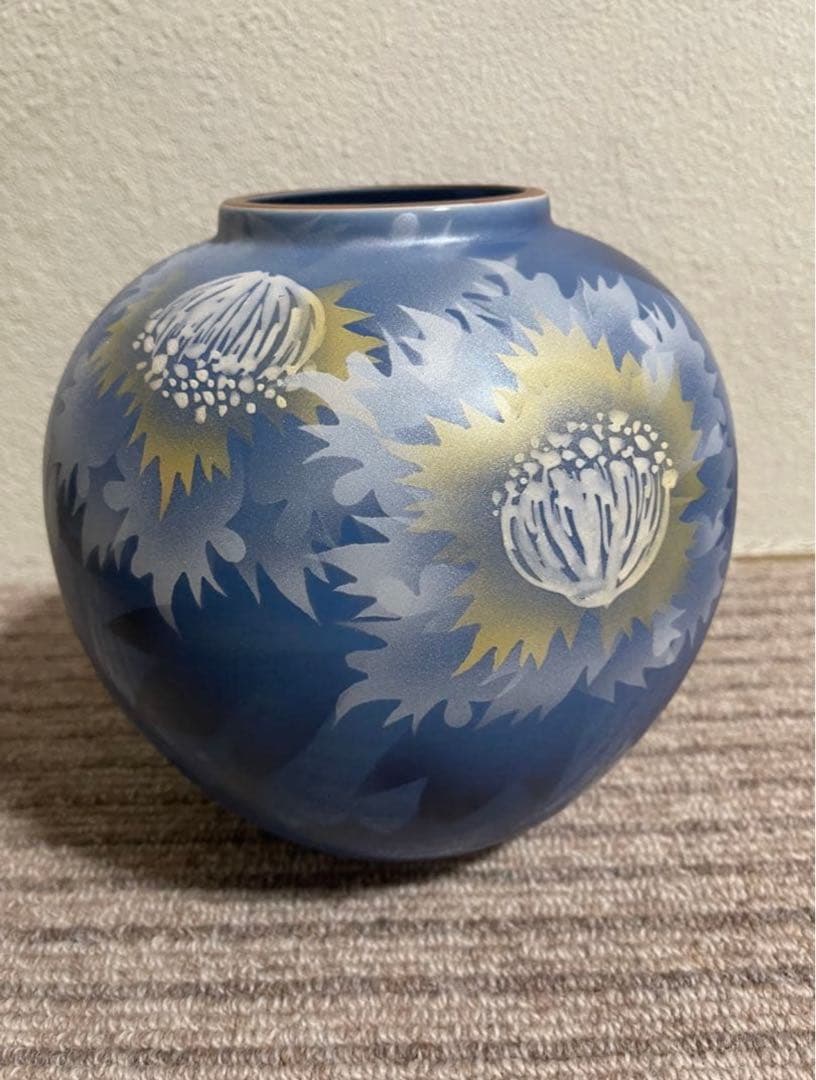 九谷焼　花瓶　銀彩牡丹　青色　新品