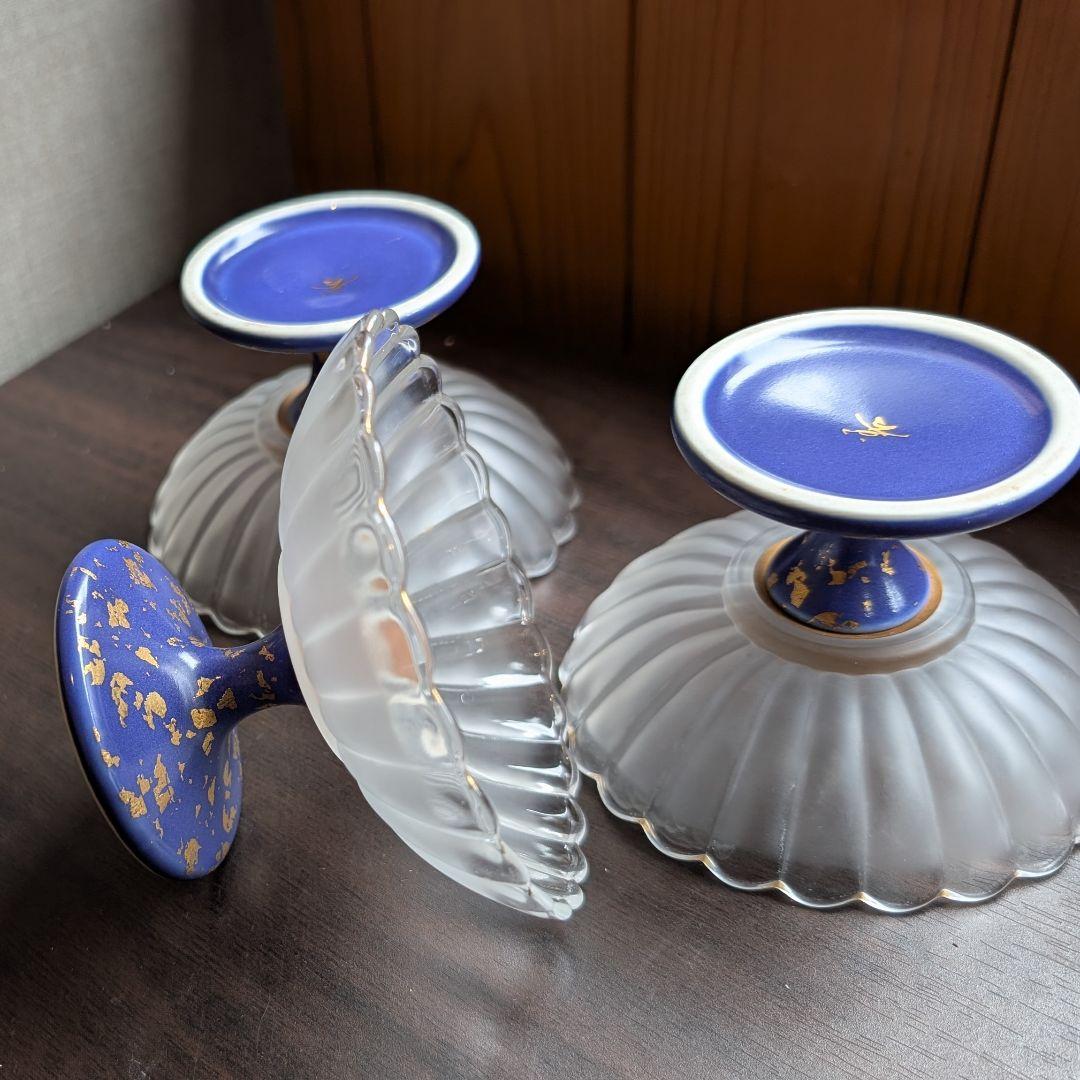【希少】金彩が美しいハイブリッド高台皿 3脚セット ふぐ刺し　ガラス陶器 料亭