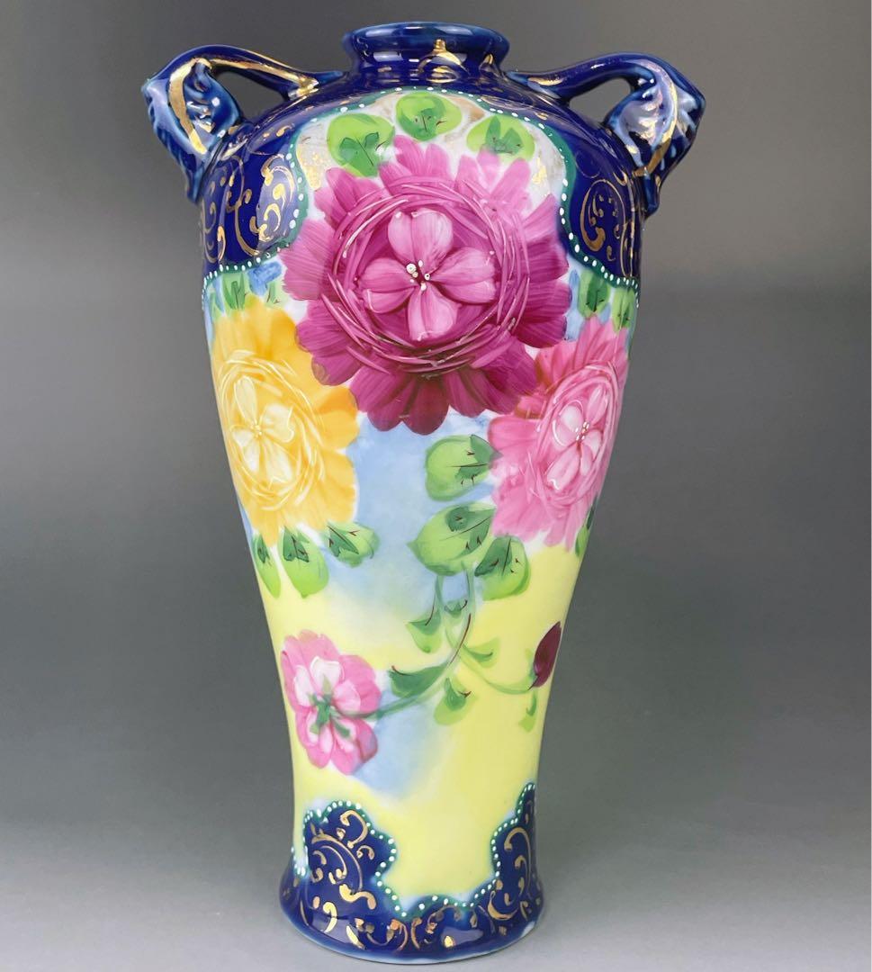 【希少】オールドニッポン 約２２．５cm アールヌーボー薔薇紋金盛りコバルト花瓶