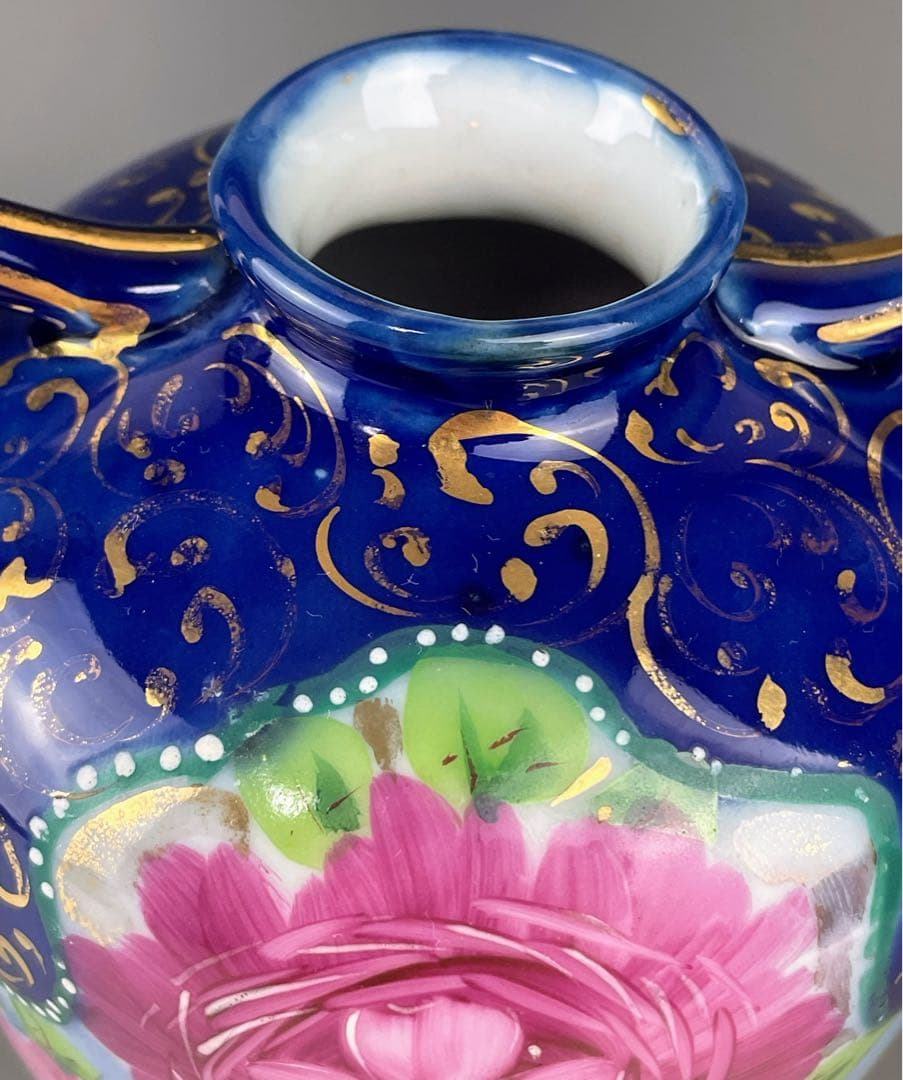 【希少】オールドニッポン 約２２．５cm アールヌーボー薔薇紋金盛りコバルト花瓶