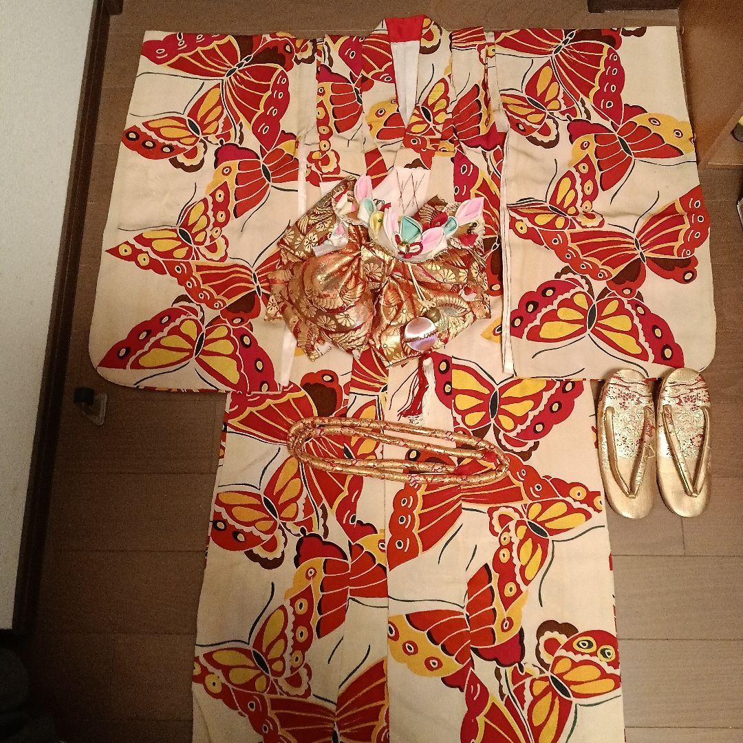 最終七五三5歳〜7歳正絹着物アンティーク誂え 4点セット♡昭和レトロ♡地紋有り