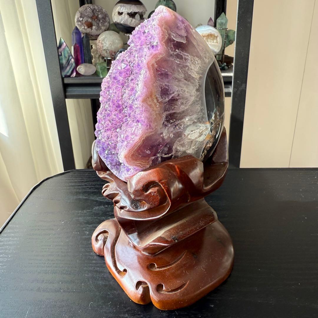 天然石アメジストのドーム　置物　台座付きNO.010915