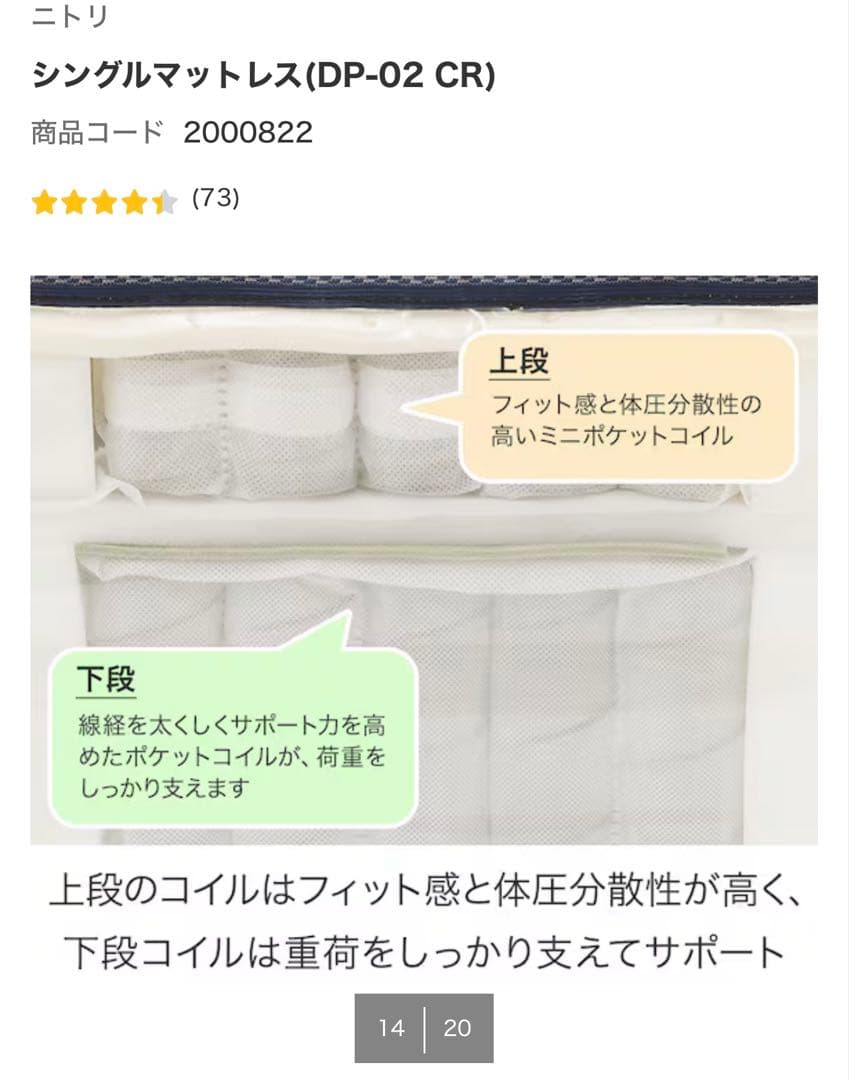 【中古美品】ニトリ　シングルマットレス DP-02 CR