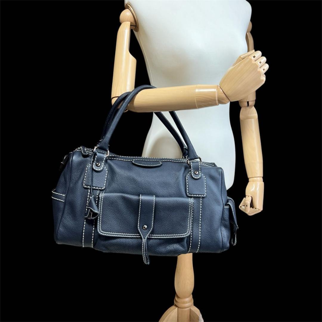 TOD’S トッズ ハンドバッグ ボストンバッグ型 ネイビー レザー 鍵付き