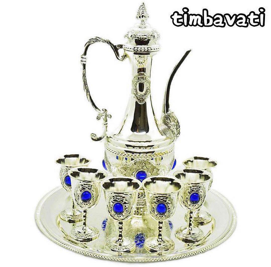 8点セット☆新品☆【イスラム食器】ポット＆グラス6客＆トレー セット＊シルバー＊