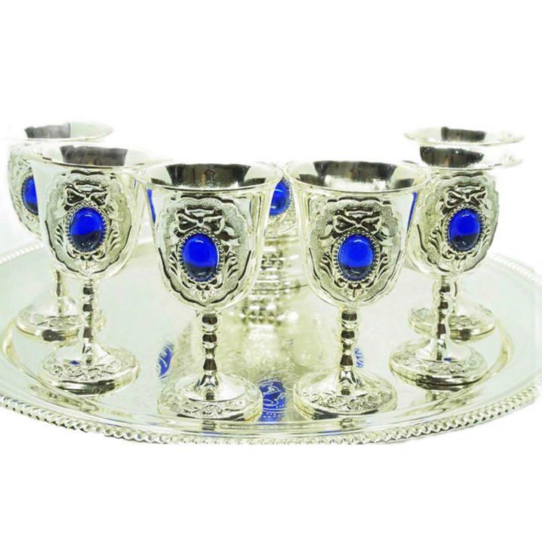 8点セット☆新品☆【イスラム食器】ポット＆グラス6客＆トレー セット＊シルバー＊