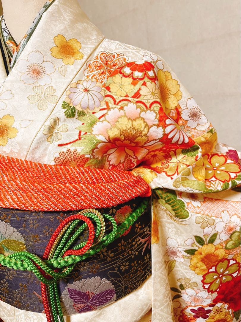 振袖　白　ホワイト　緑　振袖フルセット　成人式　結婚式　結納　袋帯