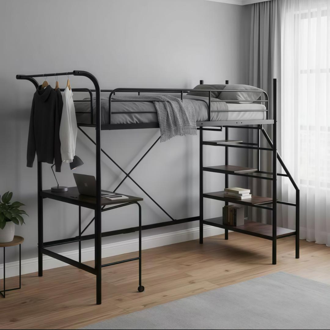 システムベット ロフトベッド シングル デスク・コンセント・収納付き　BLACK