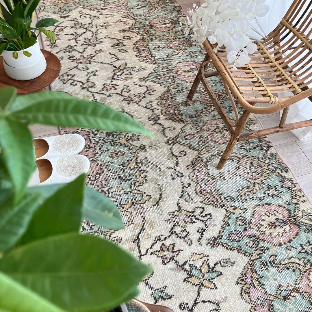 ペパーミントグリーン　ピンクベージュ73×222ランナー　トルコヴィンテージラグ
