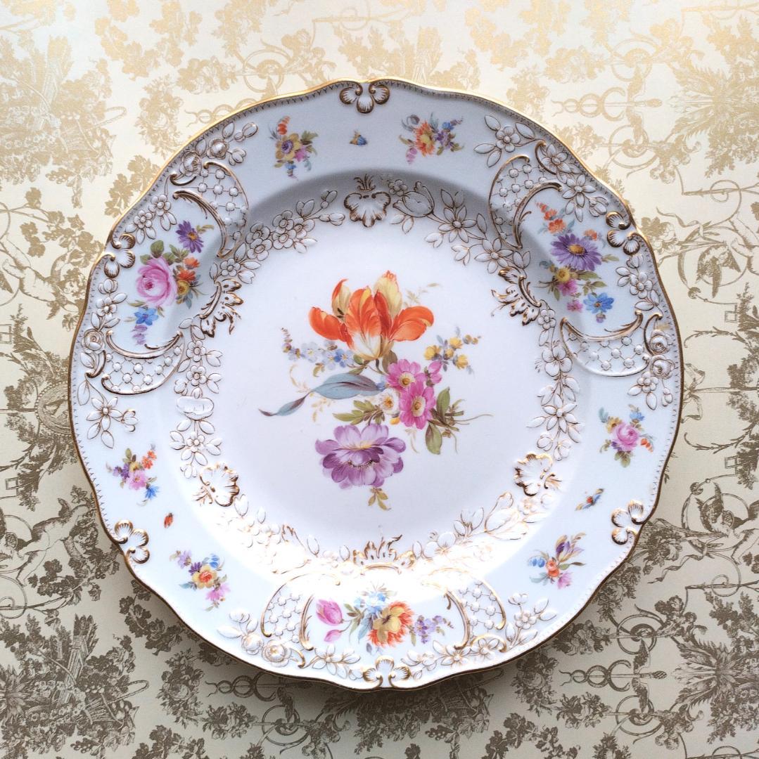 マイセン Meissen 1880-90年 金彩マルセイユ花絵 ディナープレート