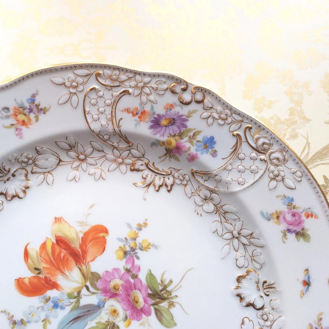 マイセン Meissen 1880-90年 金彩マルセイユ花絵 ディナープレート