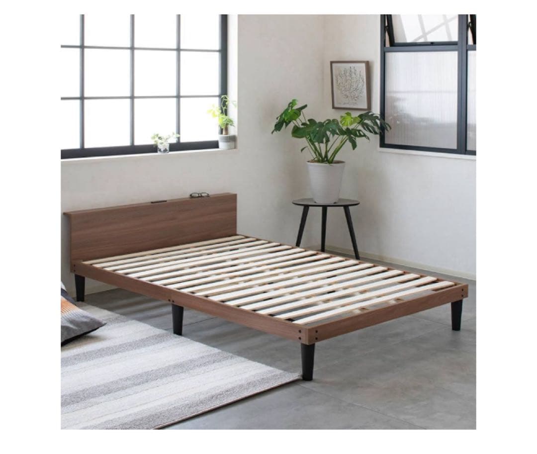 ベッドフレーム 宮棚付き コンセント 耐荷重200kg BR, W, 2段調節