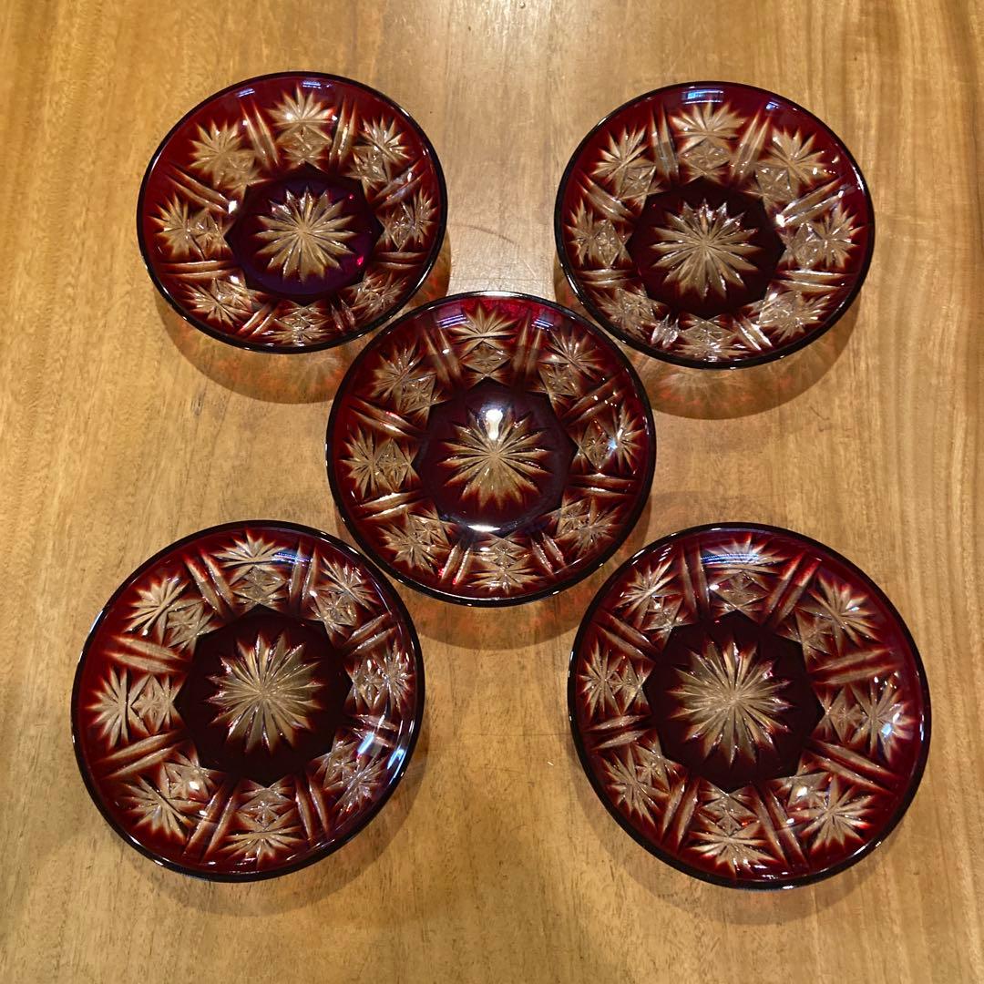 クリスタルダルク　ハンドカット色被せ切子皿五枚