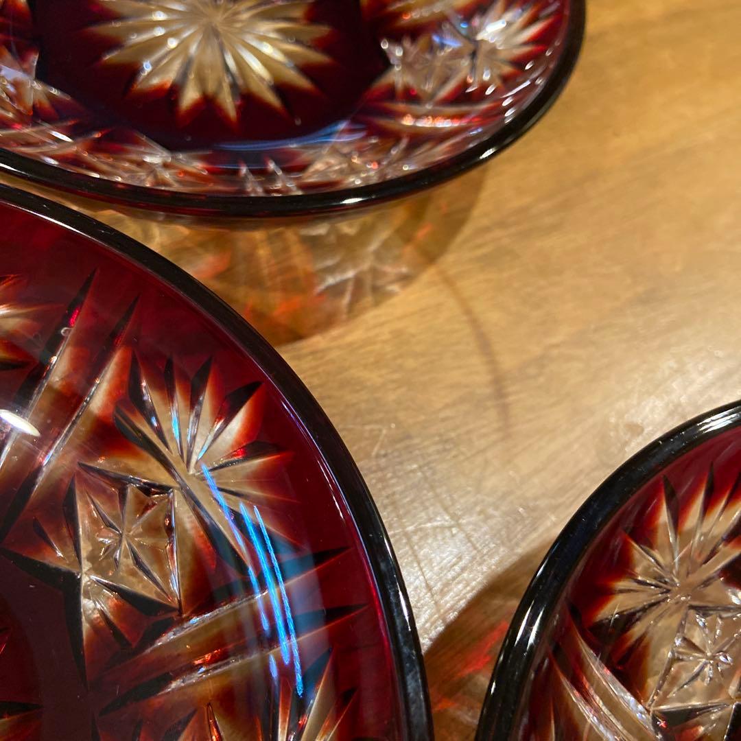 クリスタルダルク　ハンドカット色被せ切子皿五枚