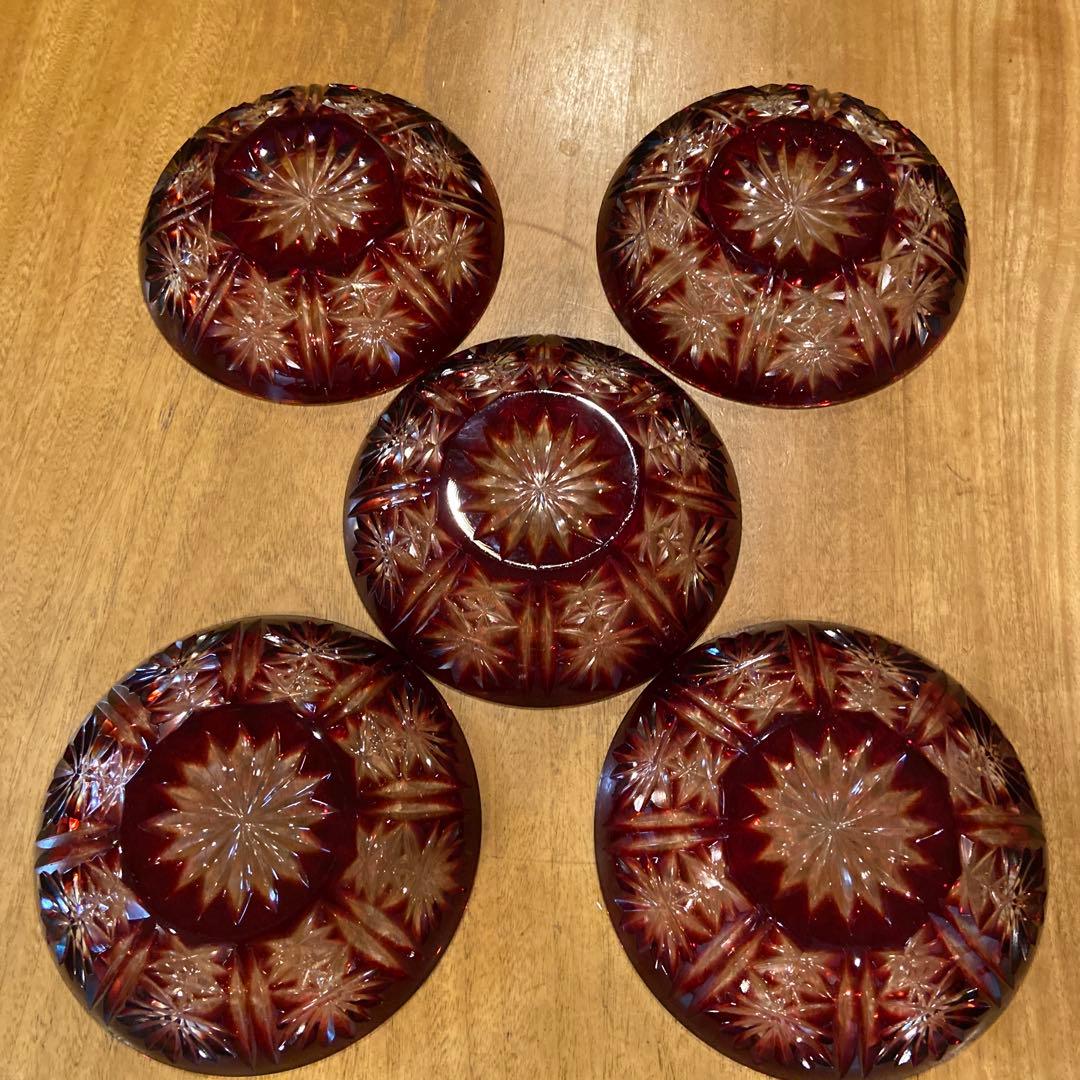 クリスタルダルク　ハンドカット色被せ切子皿五枚