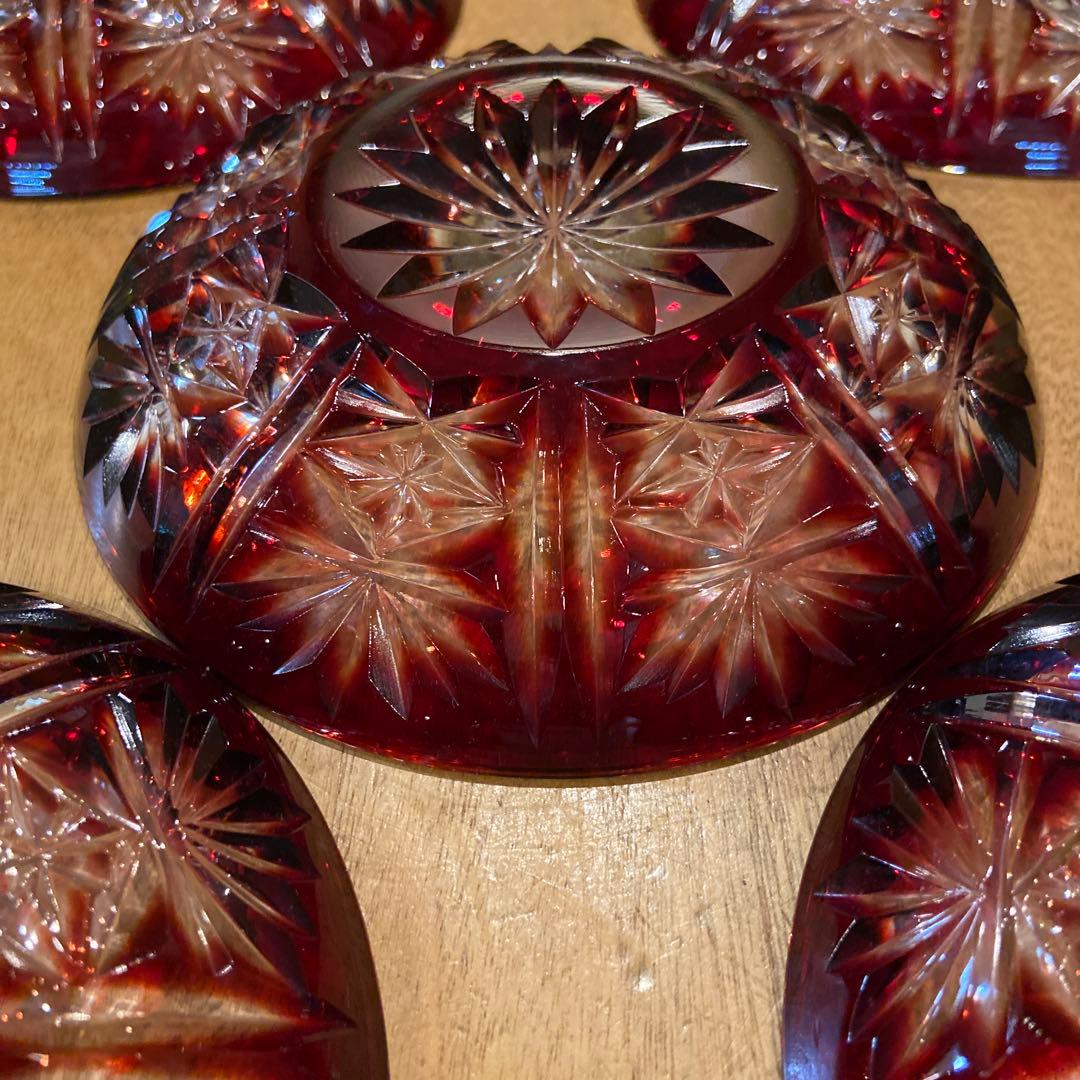 クリスタルダルク　ハンドカット色被せ切子皿五枚