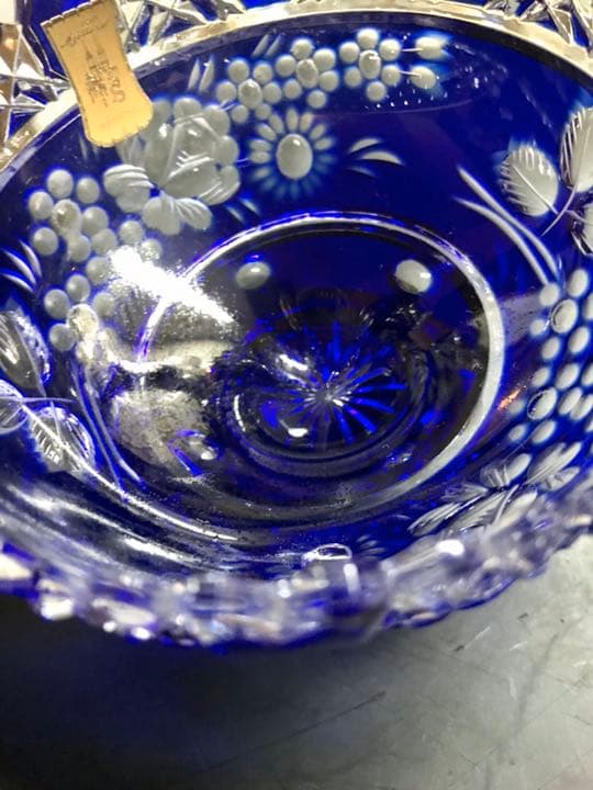 極美品　マイセン本店購入　ギヤマン美品切子クリスタル高台シャーベット皿紺碧色