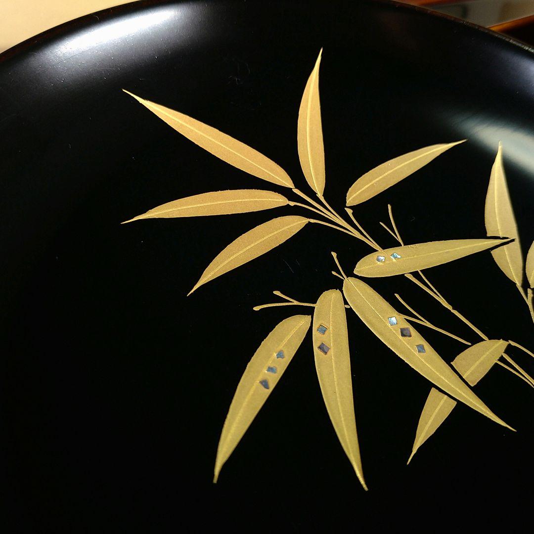 A985 吸い物碗 木製 塗り椀 金蒔絵 螺鈿 蓋裏蒔絵 笹図 五客 蓋付椀