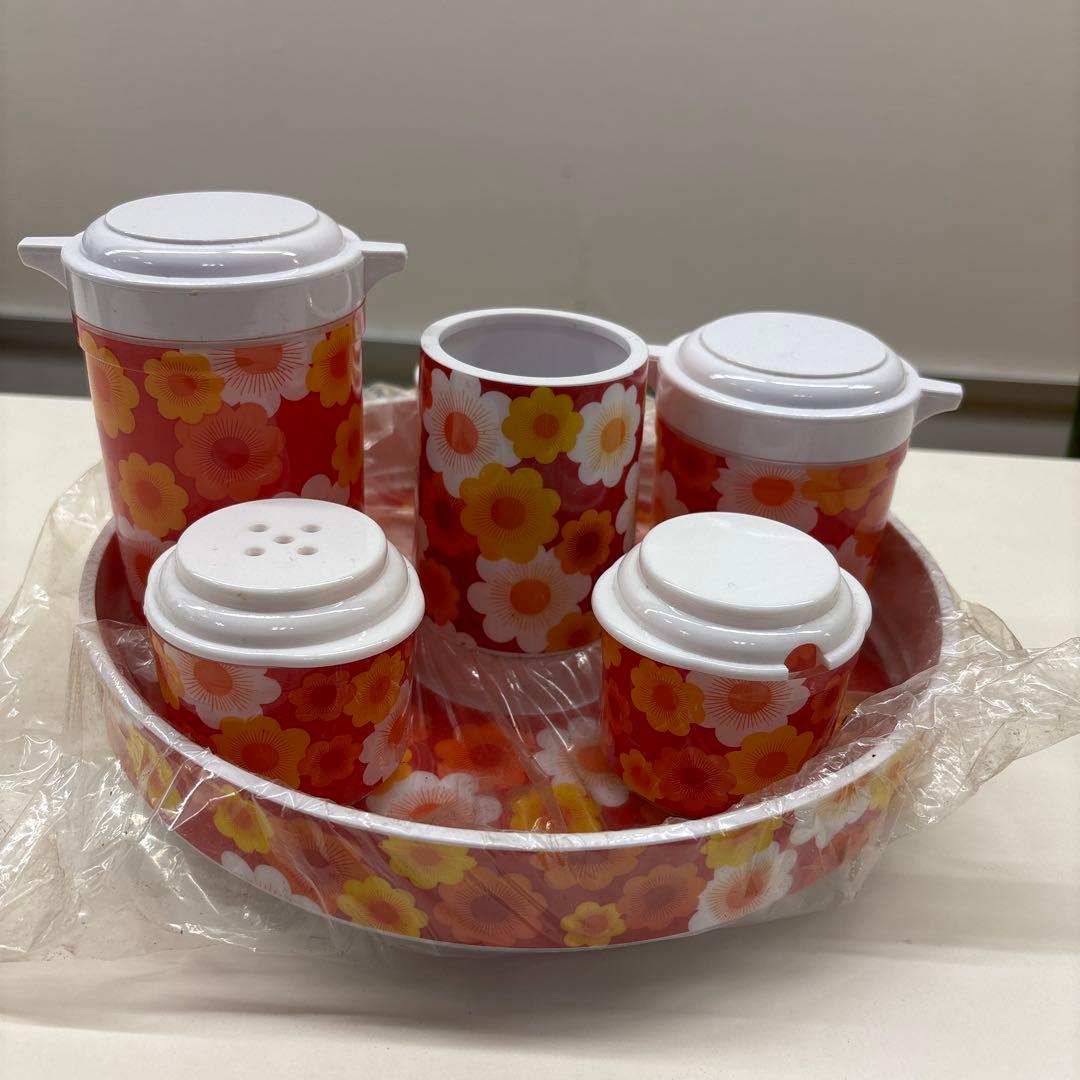 昭和レトロ花柄 調味料ケース 5個セット トレー付き