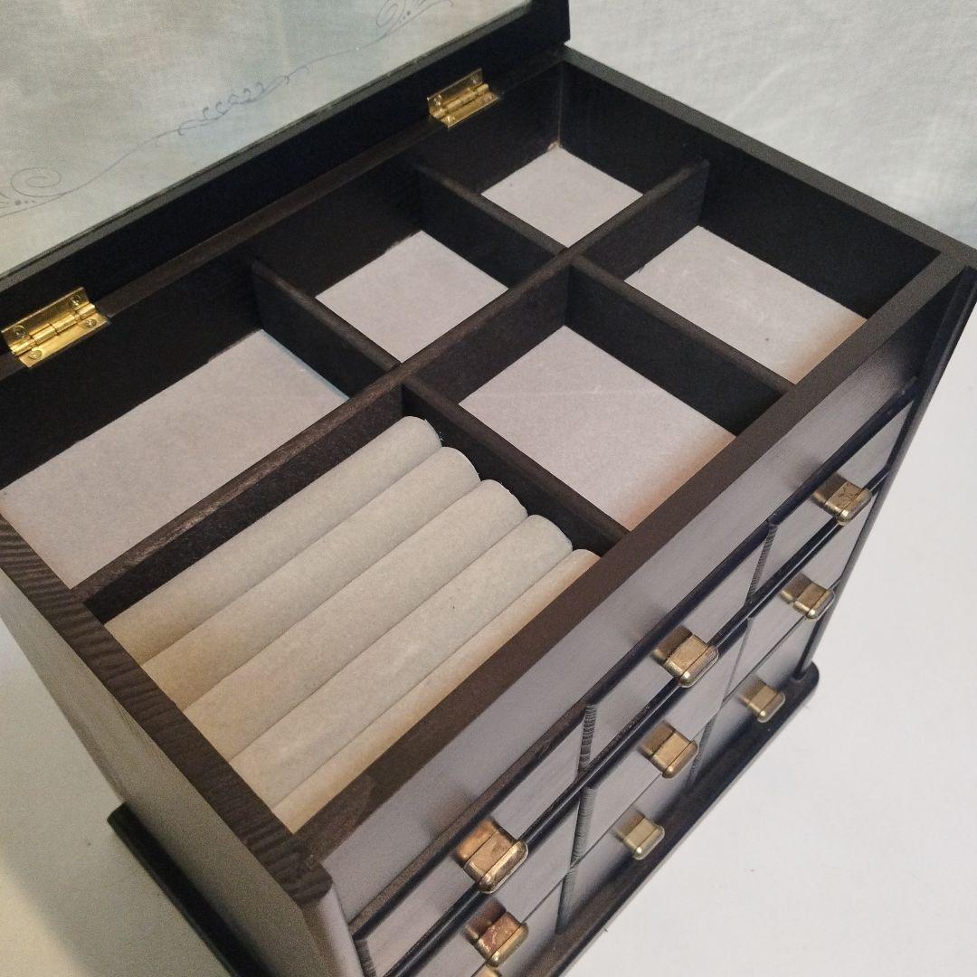 黒い木製アクセサリーケース ガラストップ付き　6個の引き出し付　大きめサイズ