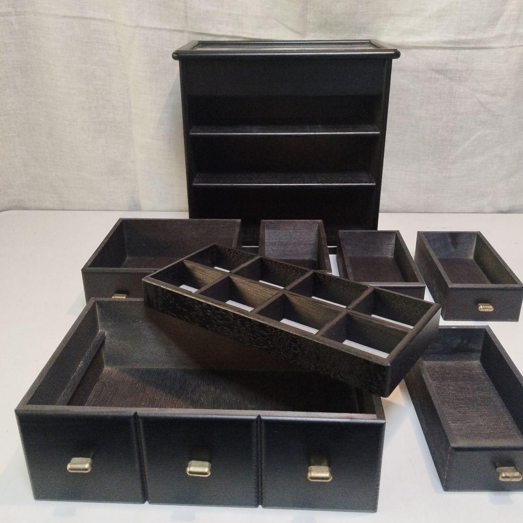 黒い木製アクセサリーケース ガラストップ付き　6個の引き出し付　大きめサイズ