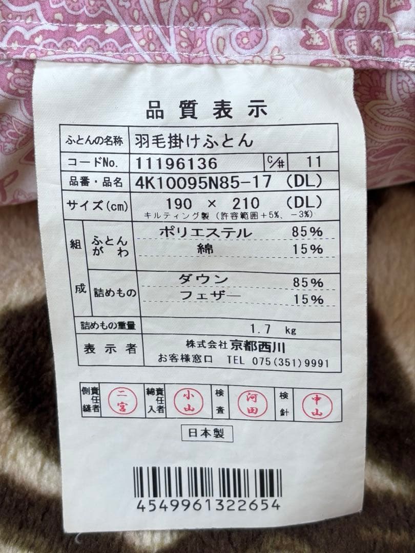 ⭐️京都西川⭐️羽毛布団 ⭐️日本製⭐️高級羽毛布団 ⭐️ダブル⭐️詰め物1.7Kg