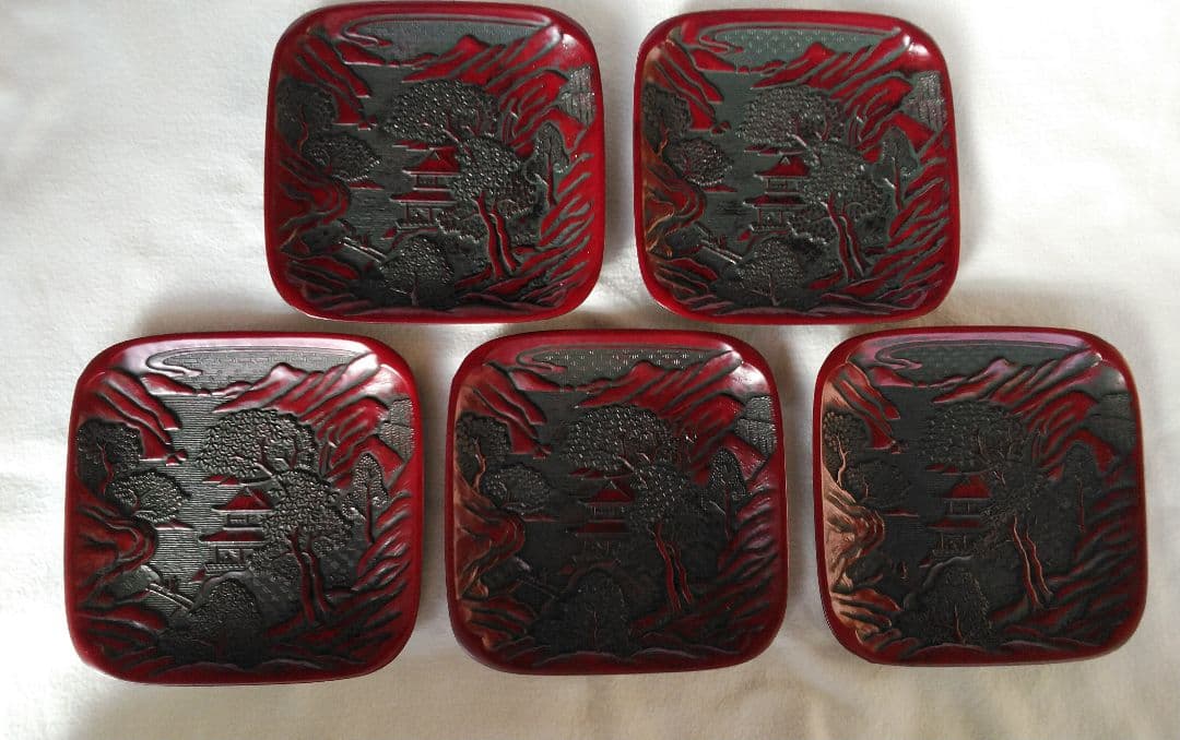 本漆塗り 堆朱日光彫り【昭和天皇へ作品献上者の作品】堆朱・銘々皿・茶托