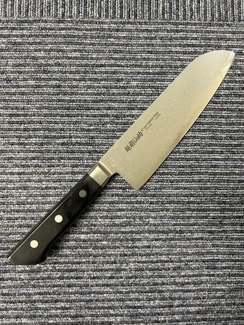 三徳包丁 ダマスカス モリブデン・バナジウム鋼 ステンレス 口金付黒合板柄