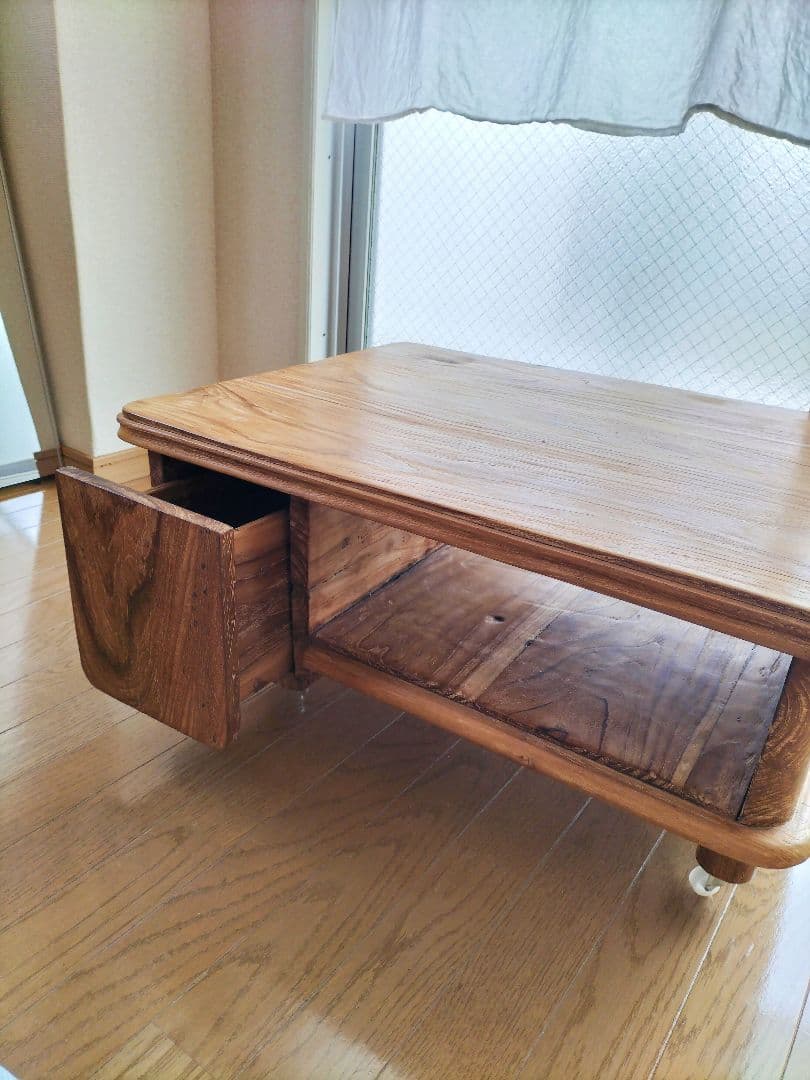 アンティーク家具　無垢チーク材ローテーブル 引き出し付き