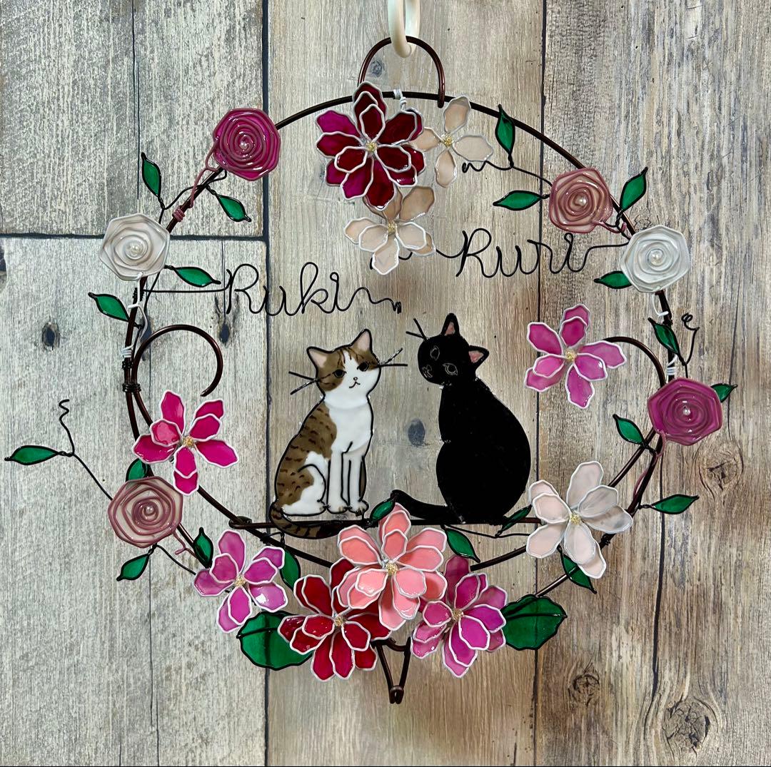 ピヨピヨ1028「お花と風船 ３連リース」「見上げる猫さん トイレリース」