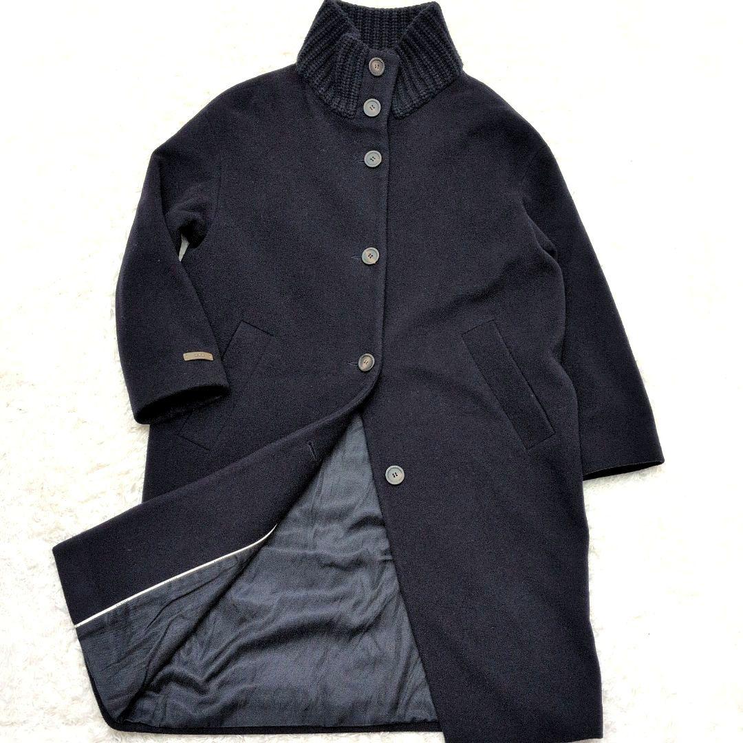 【美品 42サイズ】ペゼリコ　カシミヤ　シルク　ロングコート　スタンドカラー　紺