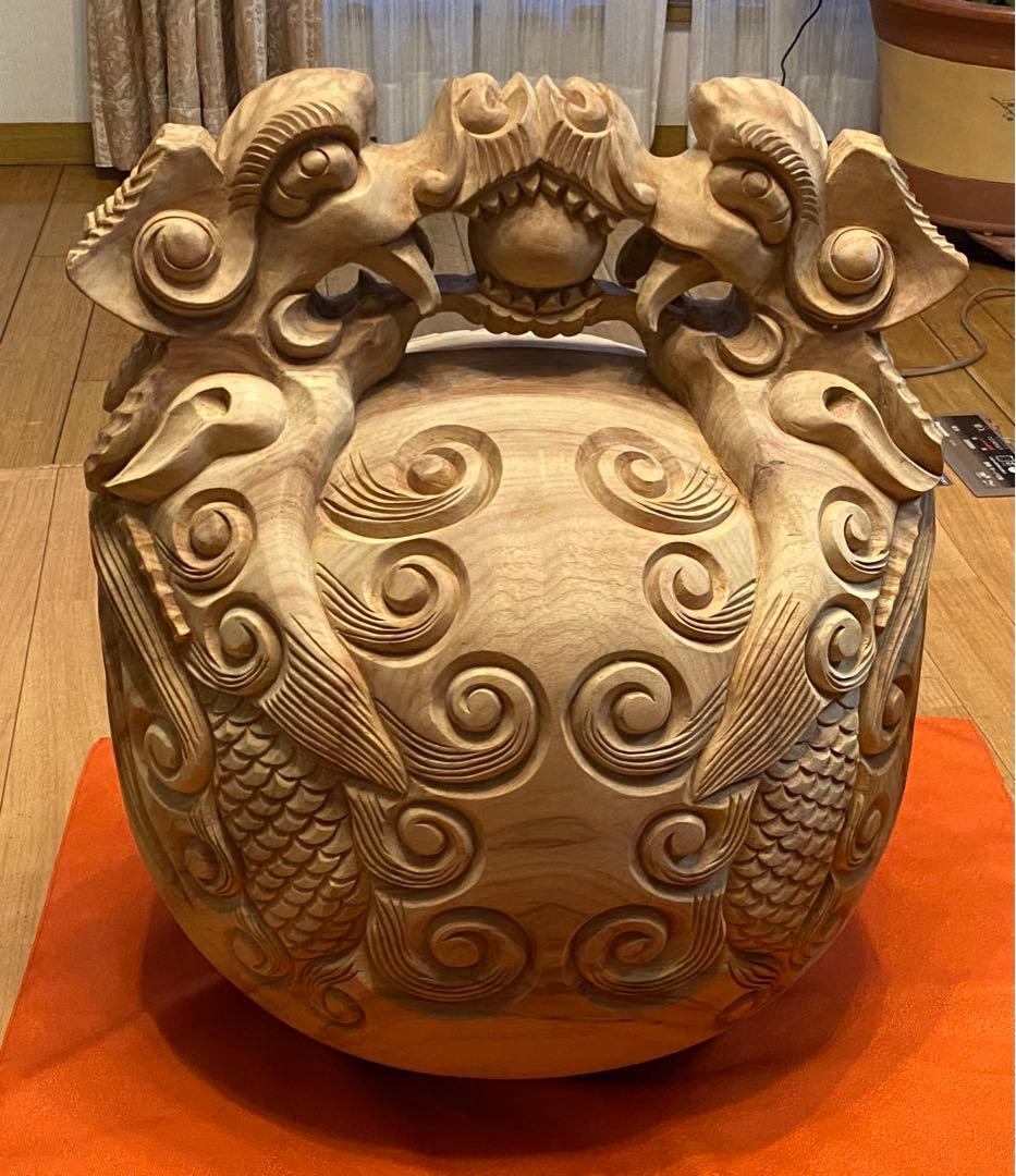 繊細彫刻。双龍。木魚工房一級在庫品寺院仏教なり物楠木木魚、超安売りセール