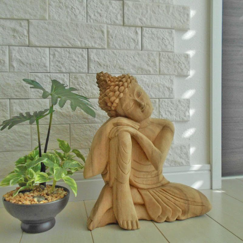 一刀彫 頬杖仏陀 25ｃｍ 仏像 仏陀 ブッダ 仏像の置物 瞑想 オリエンタル