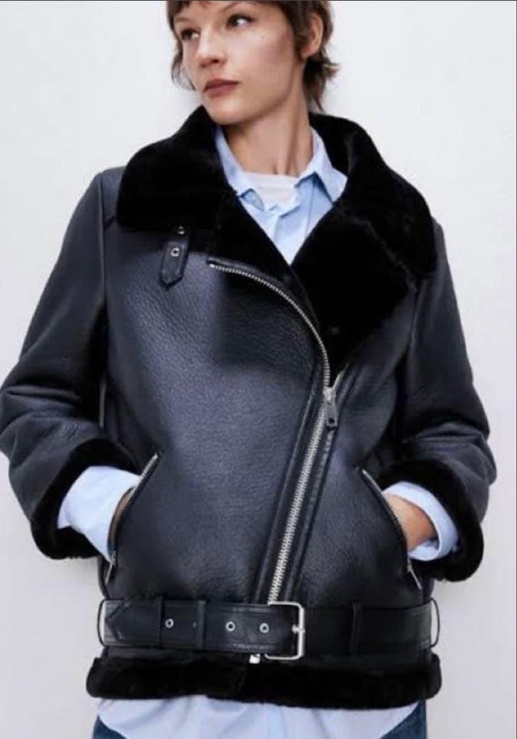 ZARA ブラックレザーアウター Mサイズ　ムートンコート