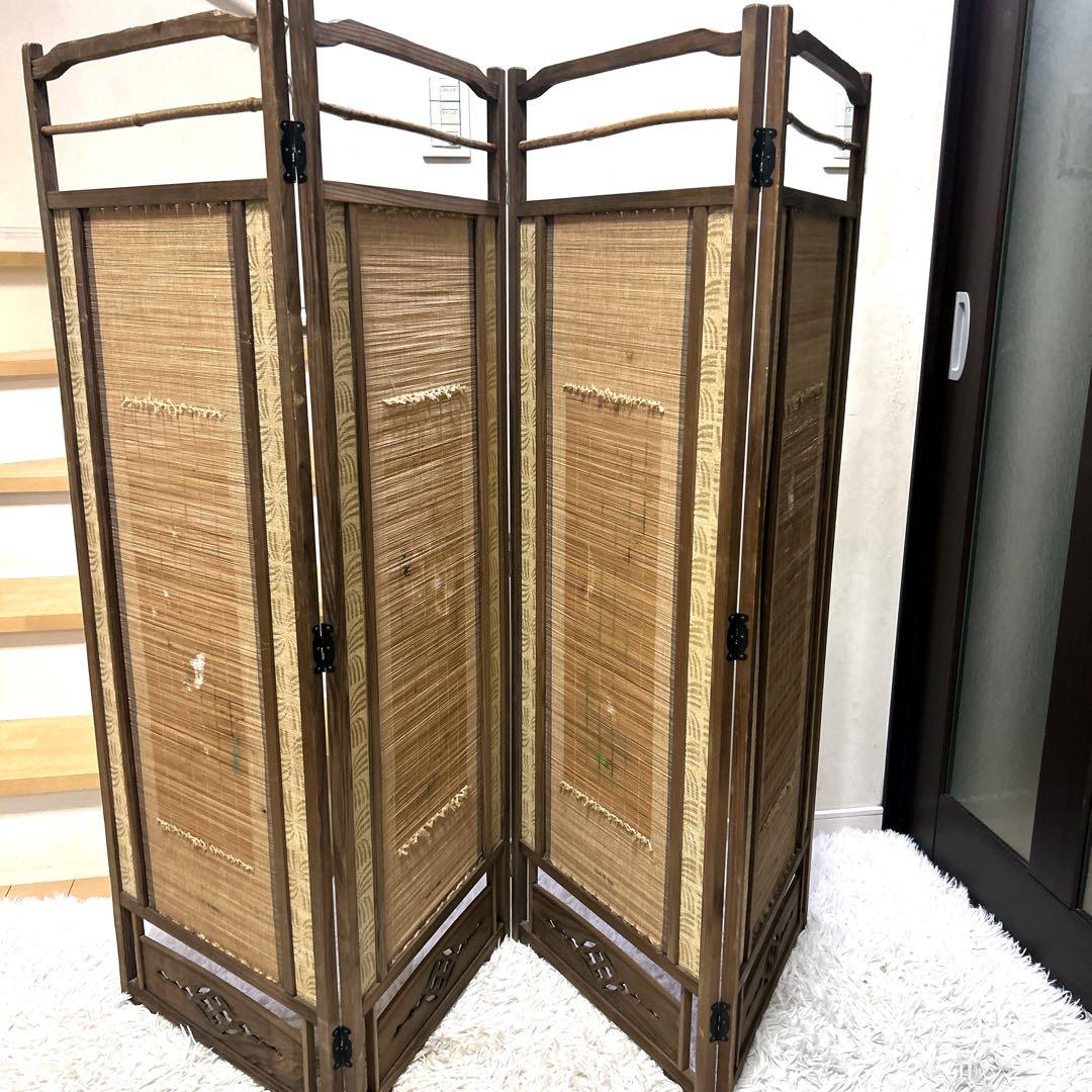 衝立 和風 屏風 和室 パーテーション 4連 間仕切り家具 木製 竹 昭和