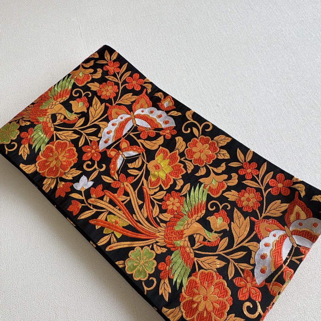 フルセット七五三７歳女の子　オレンジ地チューリップ　黒地袋帯鳳凰　長襦袢7124