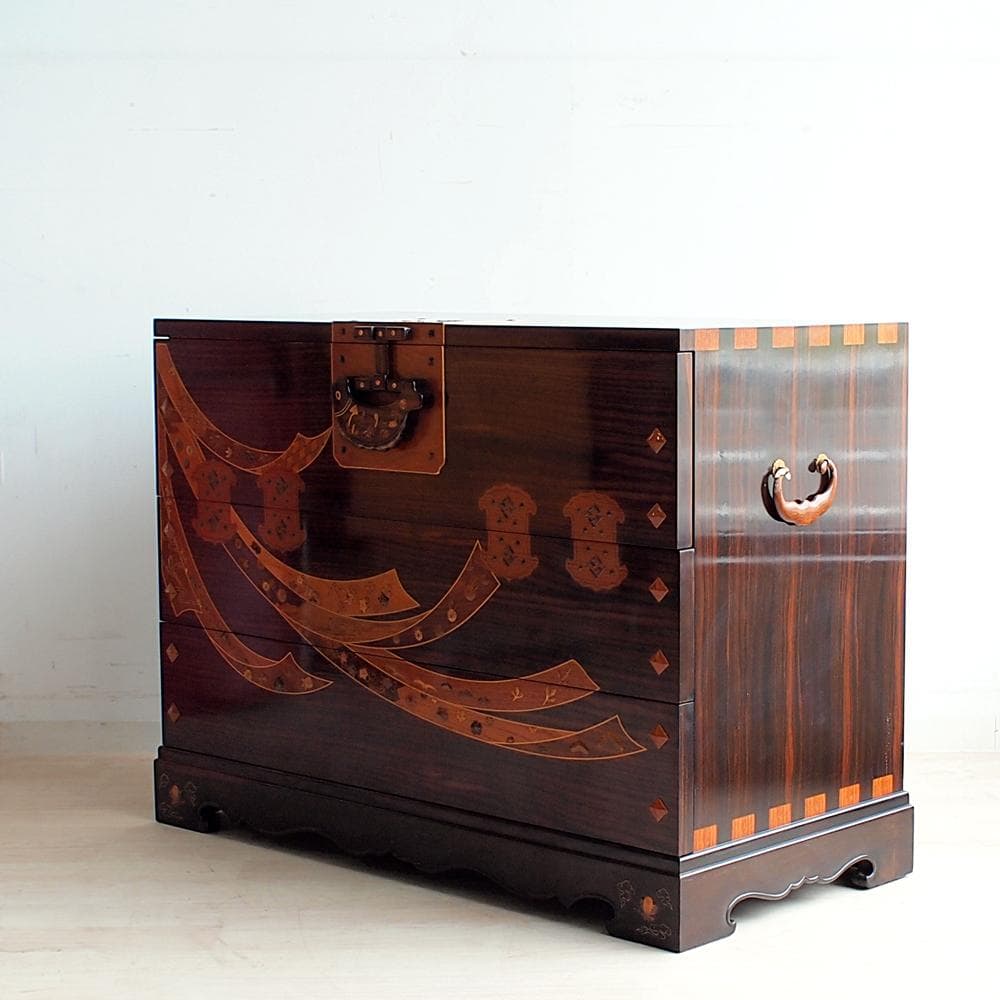 木象嵌 唐木無垢材 3段チェスト 鍵無 寄木 ZR24121
