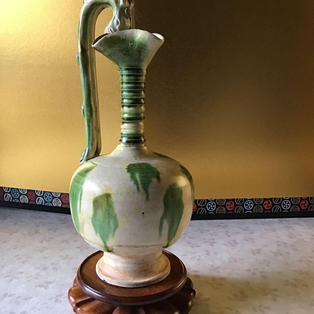 時代　唐綠黄秞竜耳瓶　中国