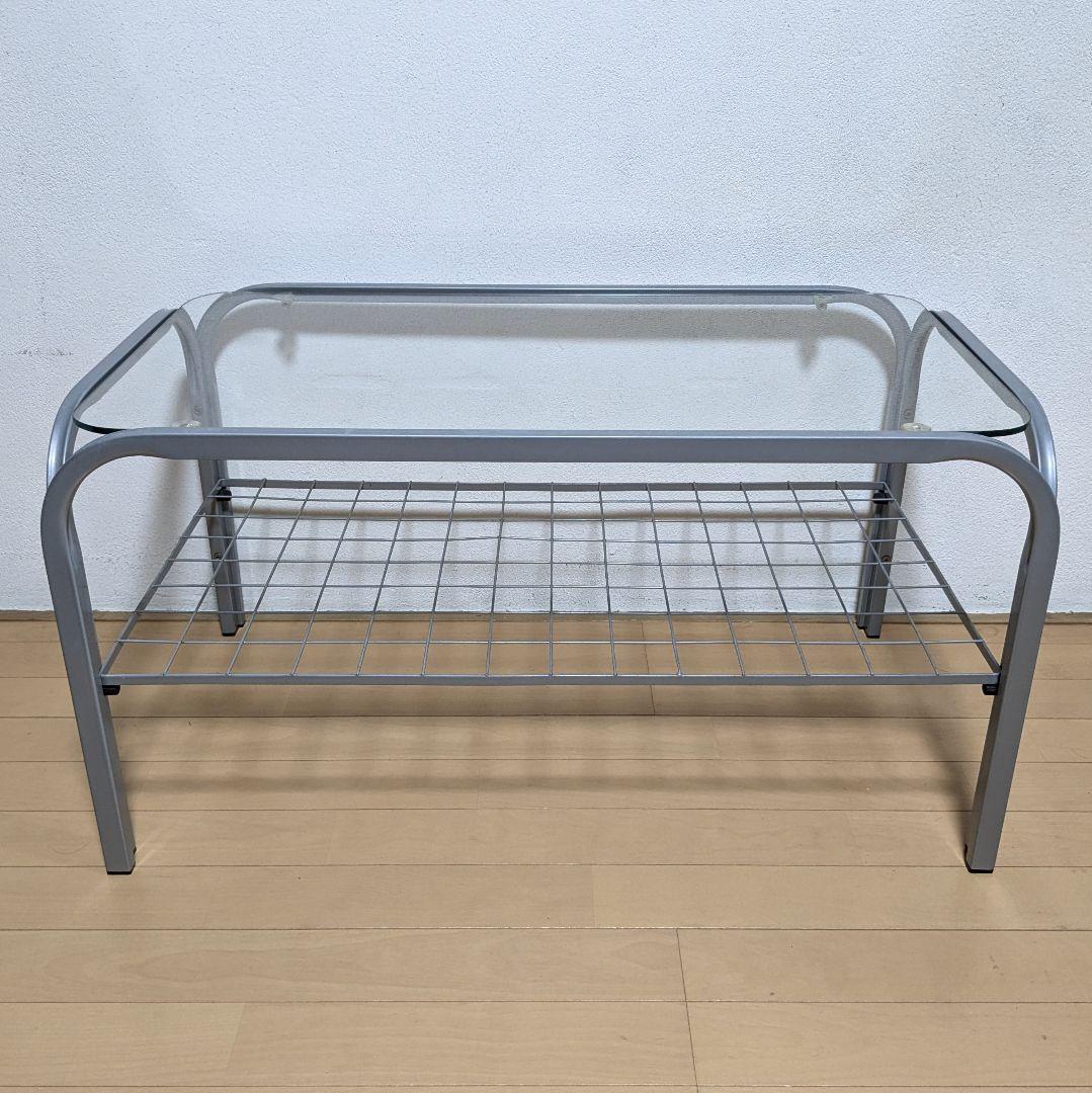 昭和レトロ ガラス アイアンフレーム ローテーブル 網棚付き シルバー